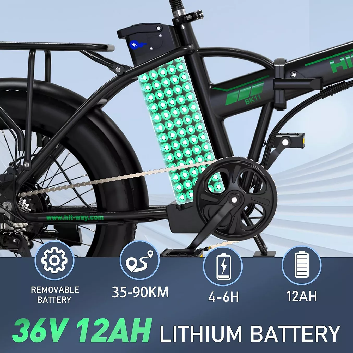 Vélo électrique HITWAY 36V12Ah Pliable 20*3.0" VAE Noir-Vert – Image 6