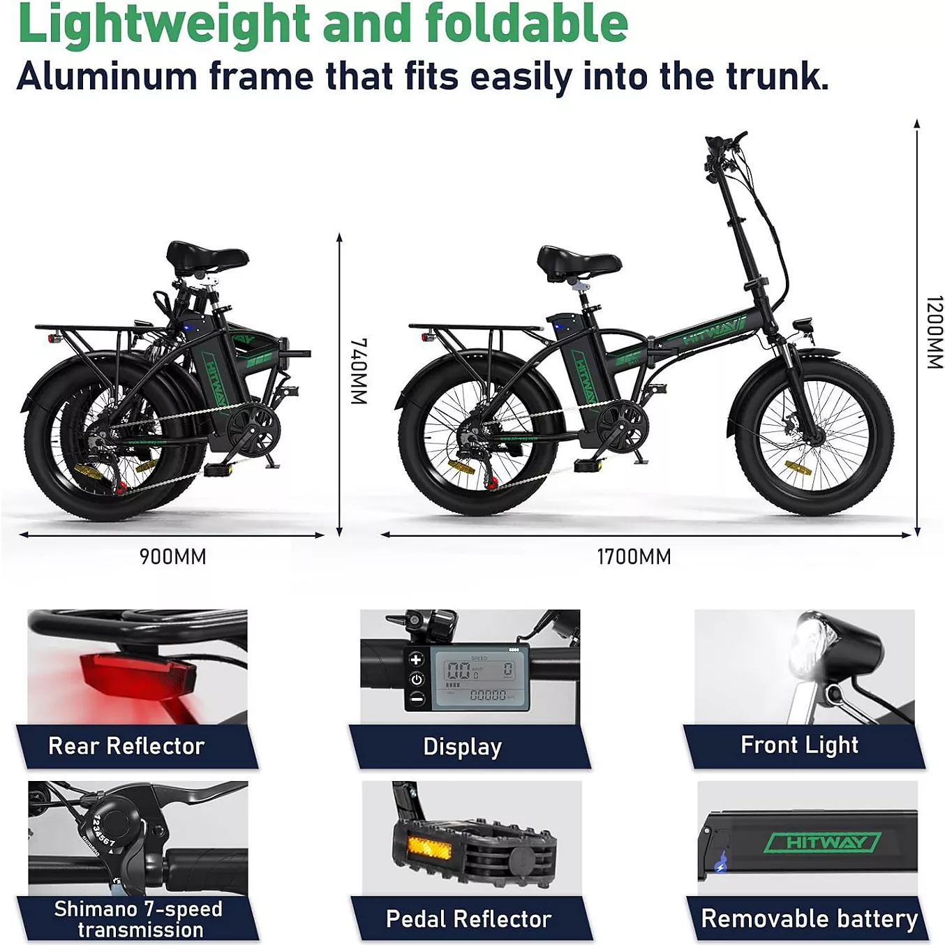 Vélo électrique HITWAY 36V12Ah Pliable 20*3.0" VAE Noir-Vert